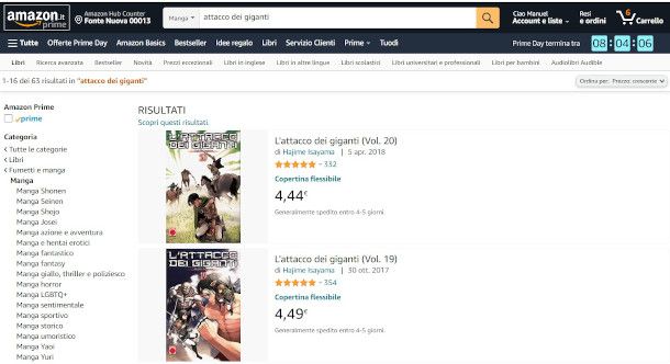 sito Amazon esempio di risultati nella categoria manga