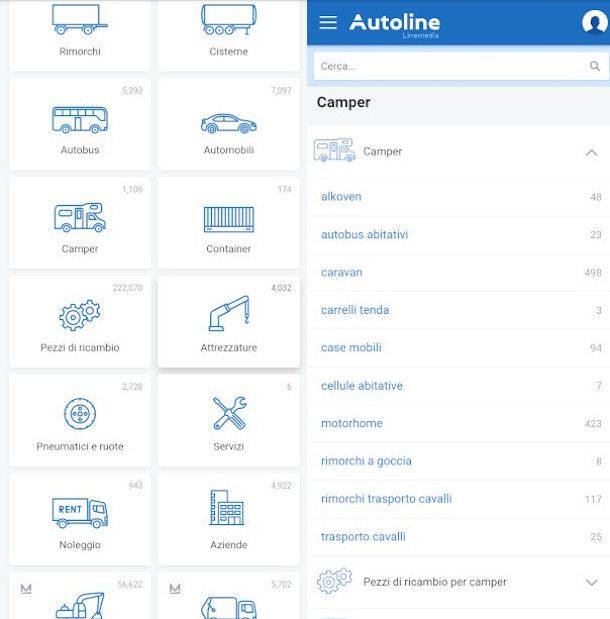 selezione annunci camper su app Autoline