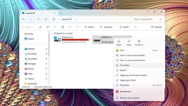 Gestione disco formatta chiavetta USB Windows 11