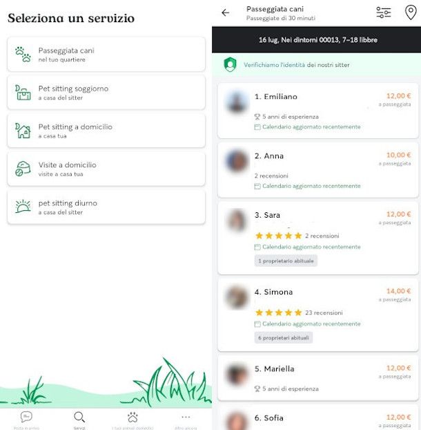 schermate per la ricerca di un dog sitter su app rover