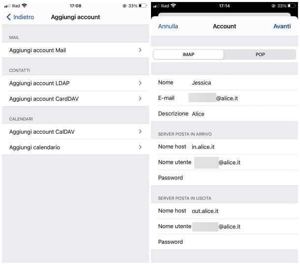 Aggiunta account Alice Mail impostazioni iOS