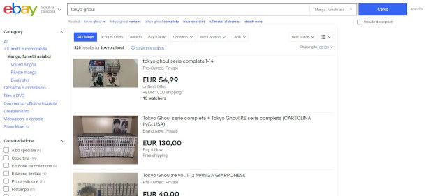 ebay schermata risultati ricerca manga