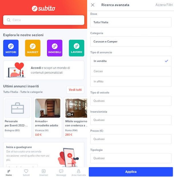 ricerca camper usati su app Subito