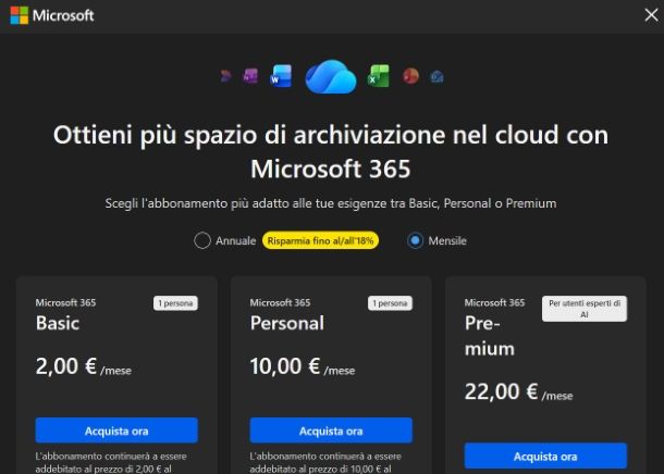 Come aumentare spazio su OneDrive