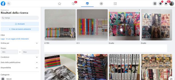 ricerca manga su marketplace Facebook