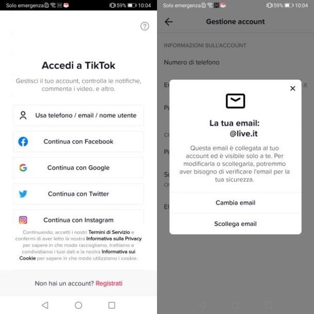 Trovare l'email del proprio account TikTok
