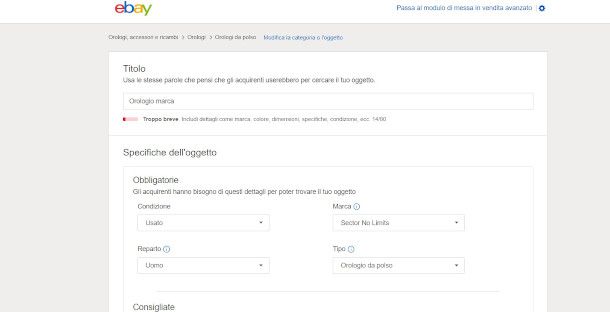 modulo vendita oggetto su eBay