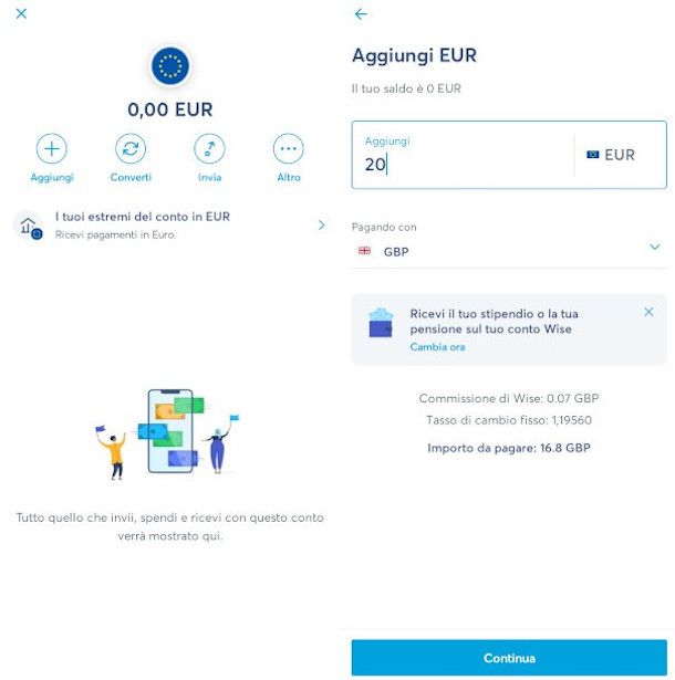 funzioni per aggiungere credito al conto app Wise