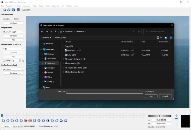 Avidemux per Windows — Unire video