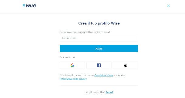 schermata di accesso o registrazione sito Wise