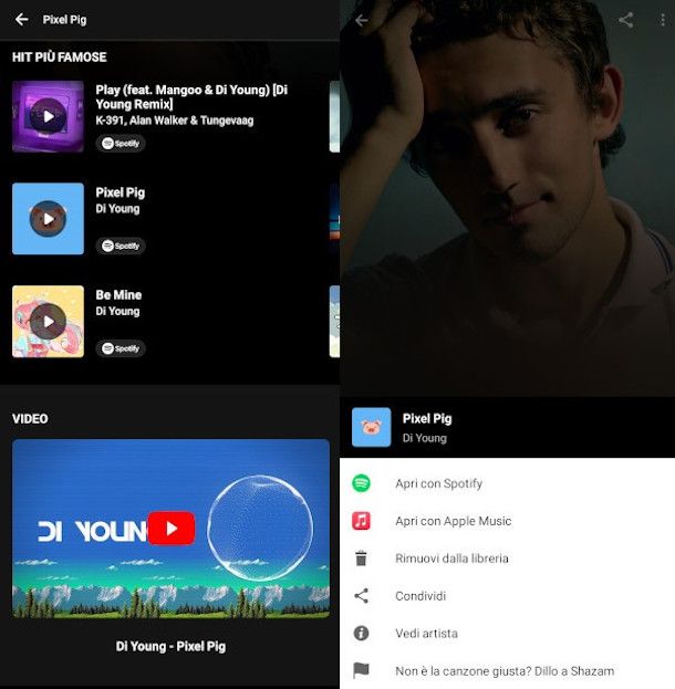 opzioni di ascolto brano offerte dall'app Shazam