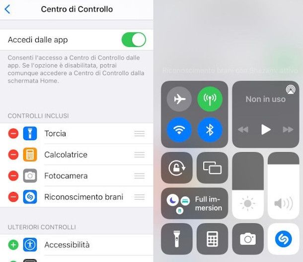 attivazione shazam da centro di controdllo iPhone