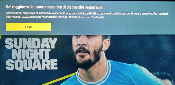 messaggio di errore limite dispositivi app DAZN per smart TV