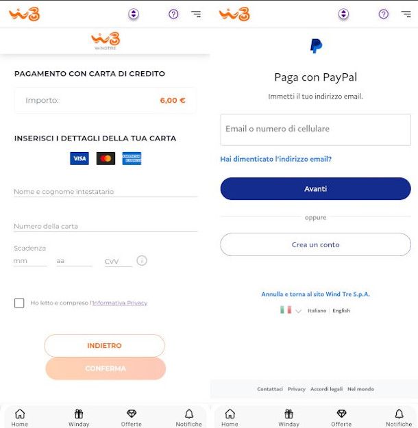 ricarica con carta e con PayPal app WINDTRE