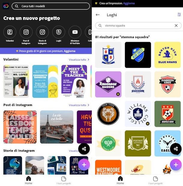 selezione modelli app Adobre Express