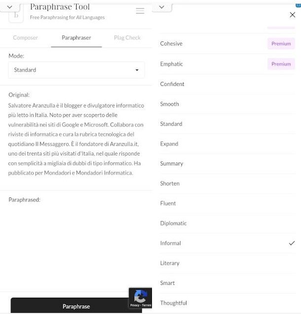 schermate del sito per dispositivi mobili di Paraphrasetool.com