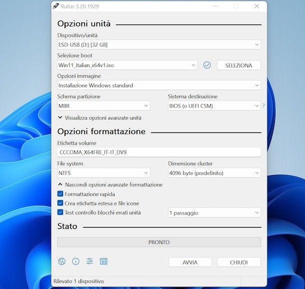 Rufus creazione unità d'avvio USB Windows 11
