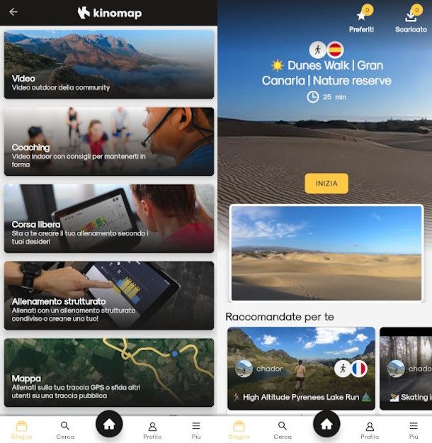 schermate opzioni allenamento app Kinomap