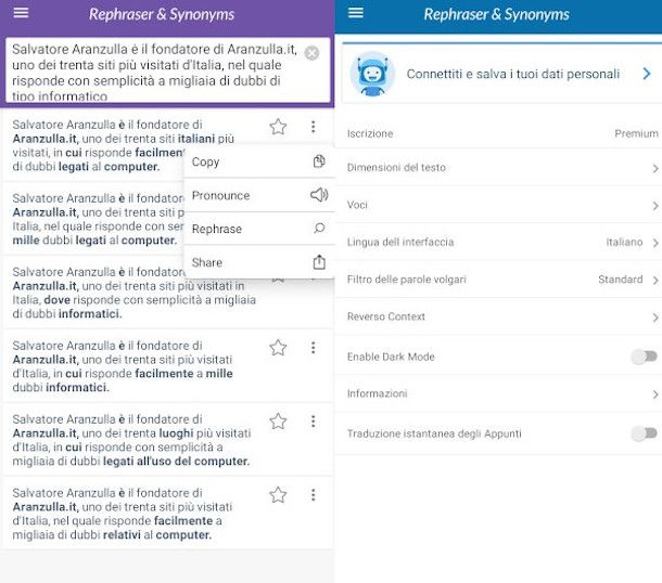 schermata dei risultati e delle impostazioni app Reverso per parafrasi