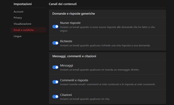 Gestire le preferenze per email e notifiche