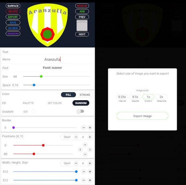 modifica parametri elementi logo e salvataggio app Sport Designer