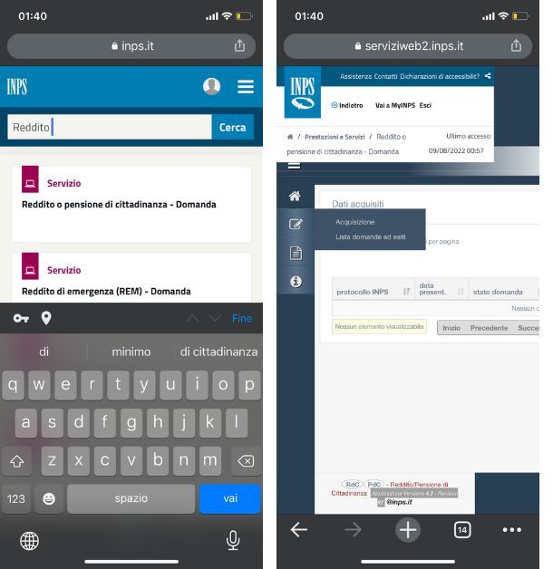 Sito Inps da smartphone