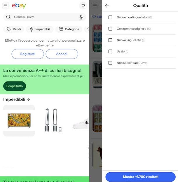 ricerca e filtro risultati app eBay