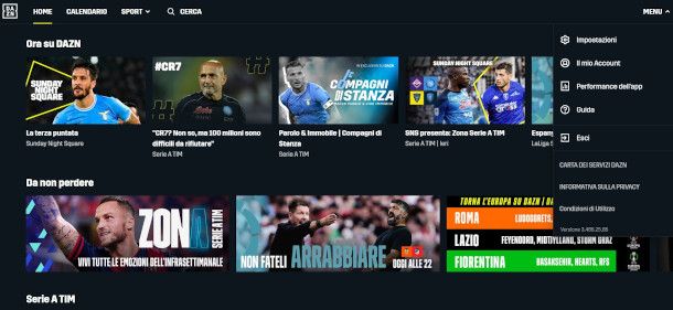 menu principale home page DAZN