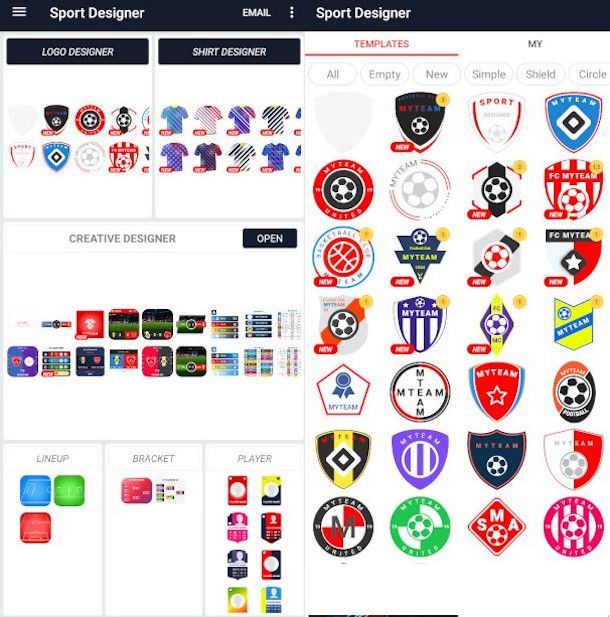 selezione modello app Sport Designer