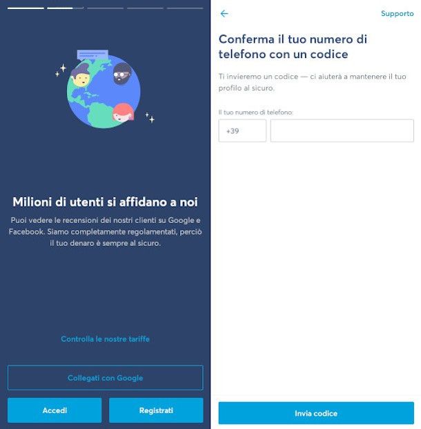 procedura di registrazione da app Wise