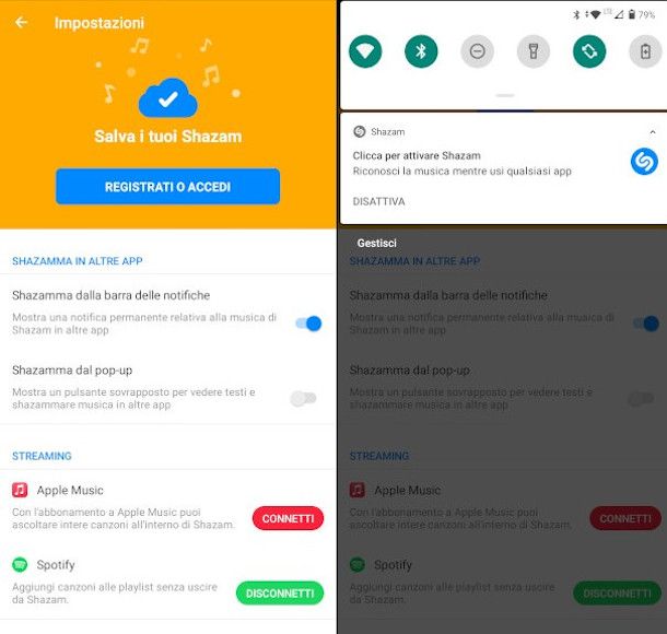 attivazione shazam dalla barra delle notifiche android