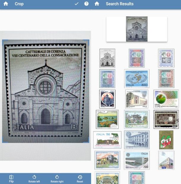 definizione contorni francobollo e visualizzazione risultati app Stamp Identifier