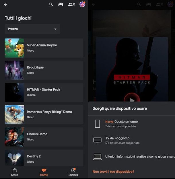 seleziona dispositivo Chromecast app Google Stadia