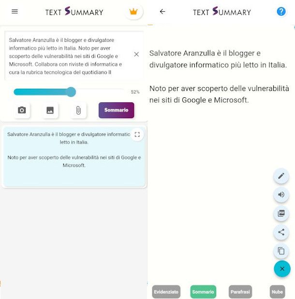 schermate dimostrative app Text Summary