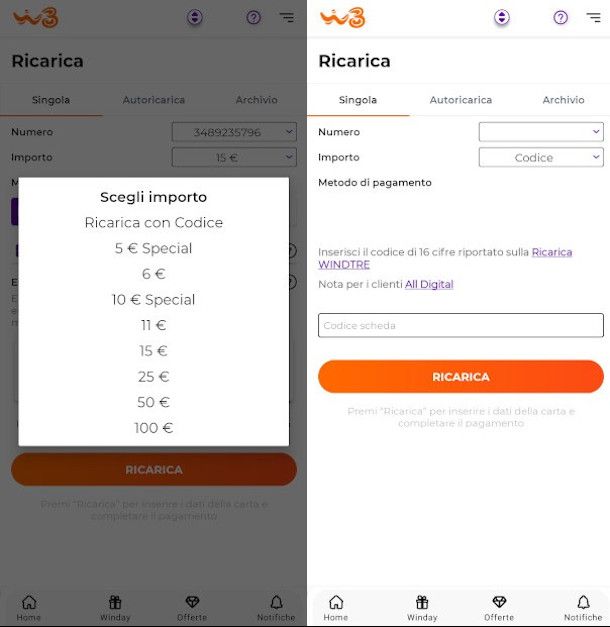 ricarica con codice da app WINDTRE