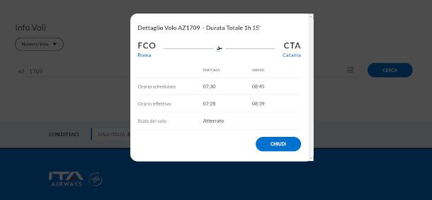 monitoraggio volo sito ITA Airways