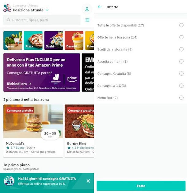 filtri offerte app Deliveroo