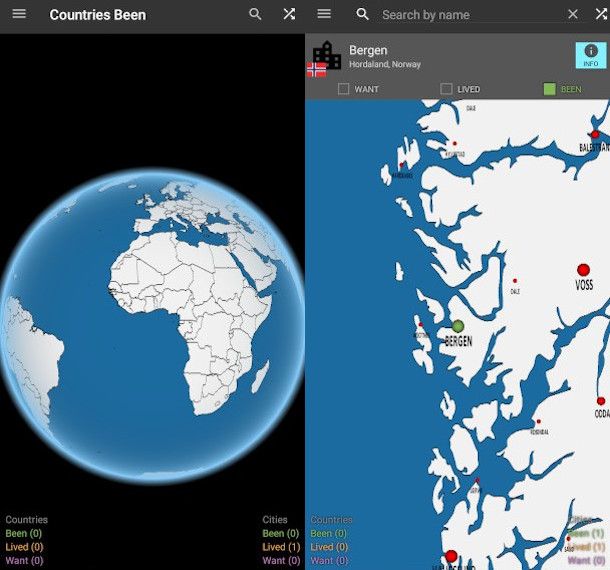 schermate dimostrative app Countries Been