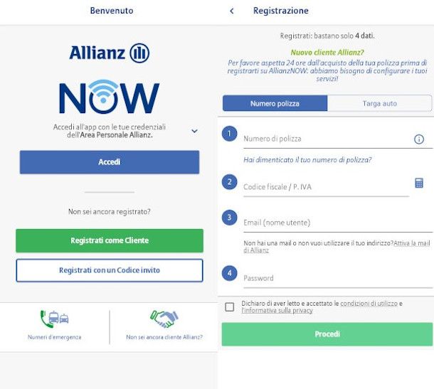 schermata di accesso app Allianz Now