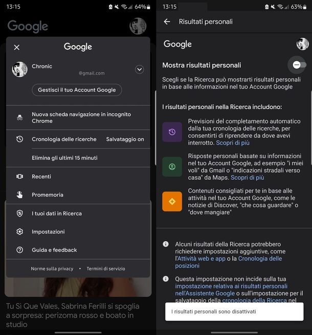 Discover Android disattivare risultati personalizzati