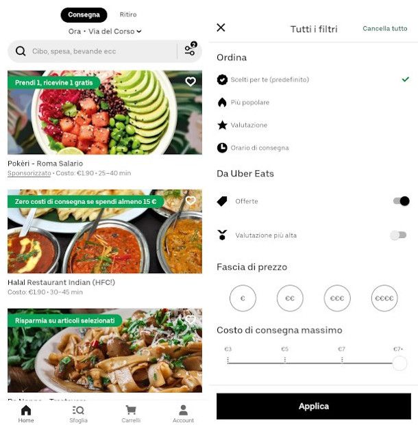 impostazione modalità offerte app Uber Eats