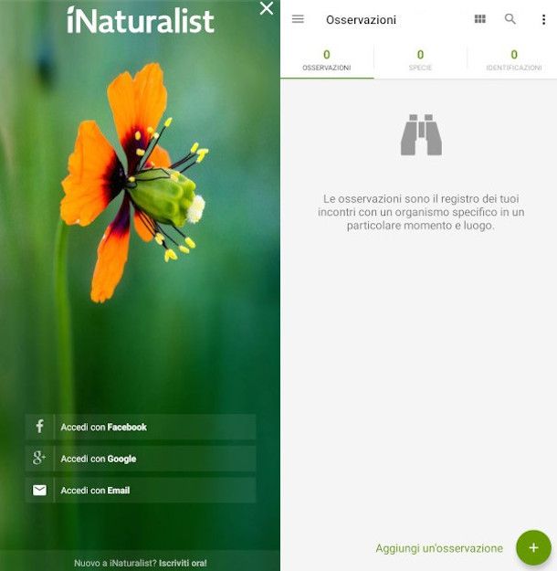 schermate principali app iNaturalist