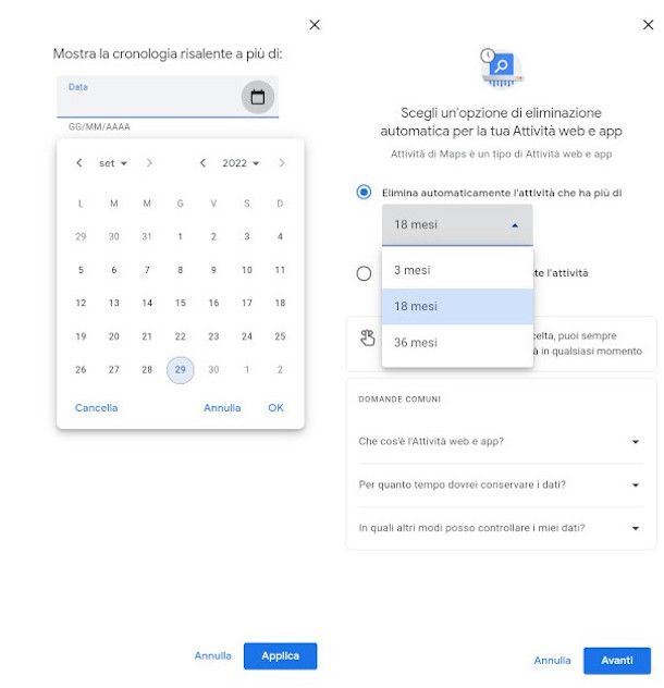 filtro cronologia ed eliminazione automatica cronologia app Google Maps