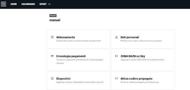 accesso sezione Abbonamenti account DAZN su sito