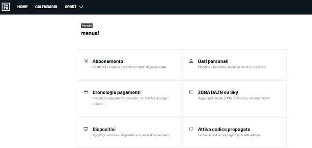 accesso sezione Abbonamenti account DAZN su sito