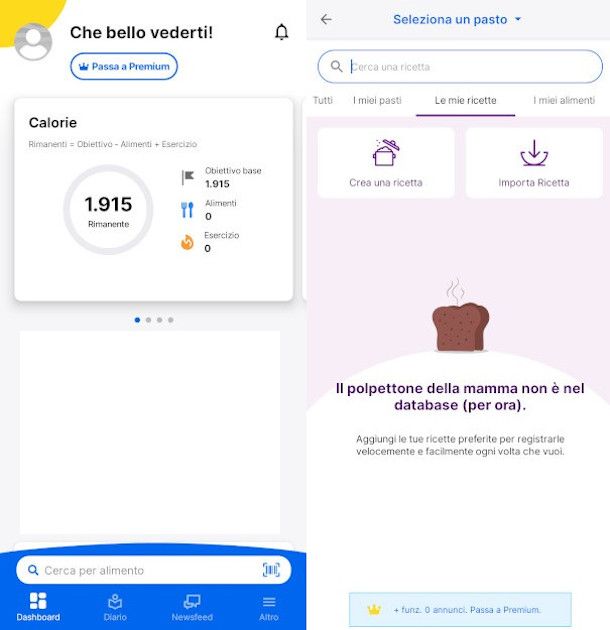 schermate principali app MyFitnessPal