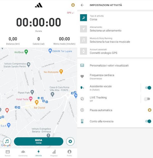 impostazioni corsa e avvio allenamento app Adidas Running