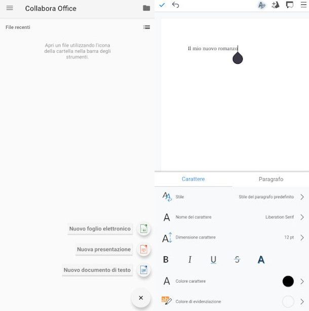 funzionalità di scrittura app Collabora Office