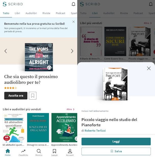 schermata Home e selezione contenuto app Scribd Android