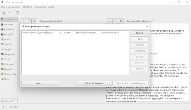 Primo avvio di Gramps per Windows